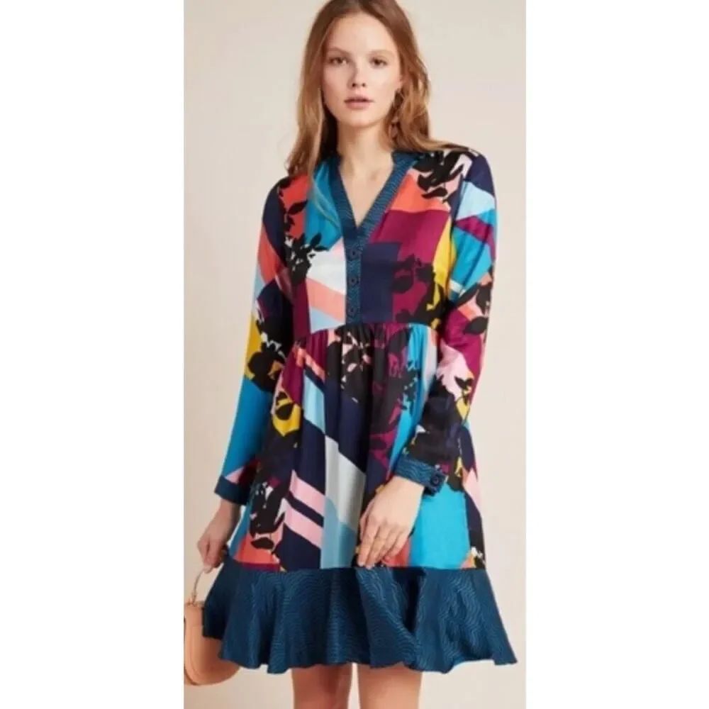 Anthropologie Maeve Gillian Abstract Colorblock Shirt Dress Sz. XSP